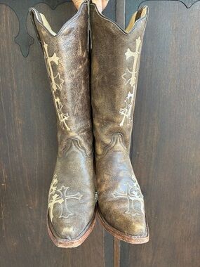 Brown Embroidered Leather Heeled Cowgirl Style Boots W Sz 10M Cross Embossed